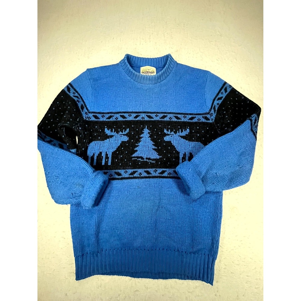 Vintage 80s ALPS Sweater Mens Medium Blue Black Wool Moose Reindeer Ski Nordic